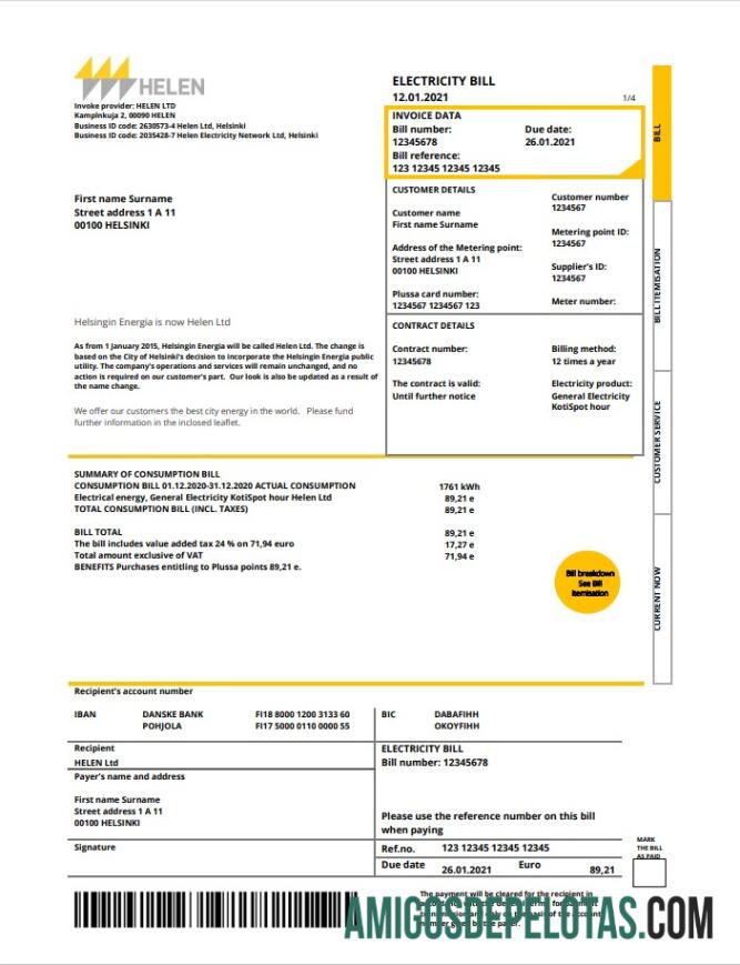 Em branco modelo de conta de serviços públicos HELEN da Finlândia em formato Word e PDF